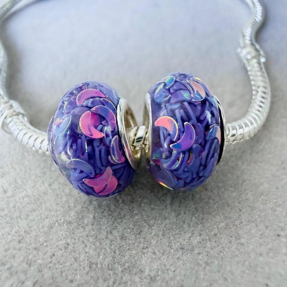 Purple Iridescent Crescent Moon Murano Glass Charms fits PANDORA Set of 2 - Picture 6 of 6